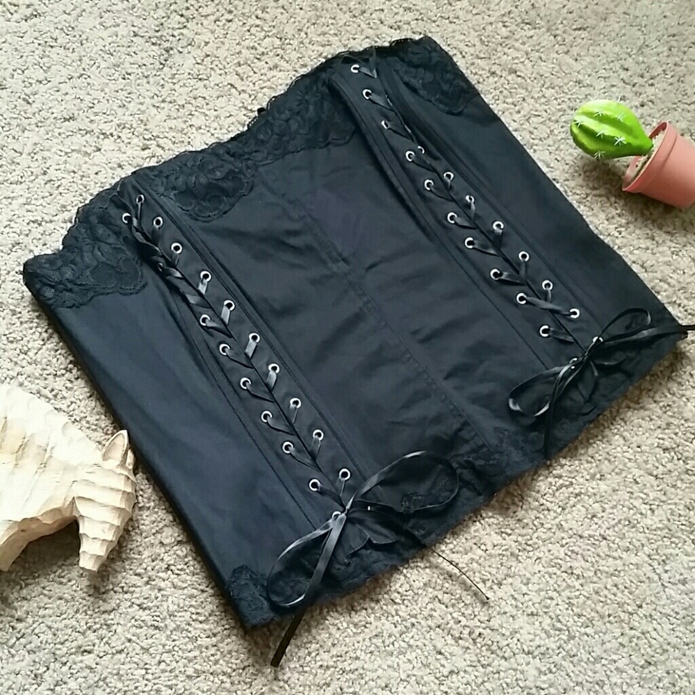Tripp NYC black lace zip up tie corset top
